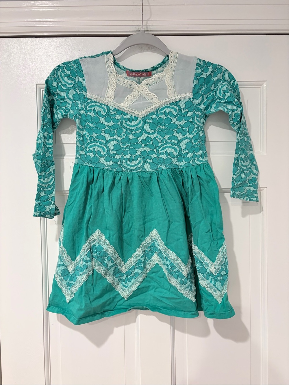 Jelly the Pug Adele Dress Girls Size 7 Teal Lace Long Sleeve Boutique Dress